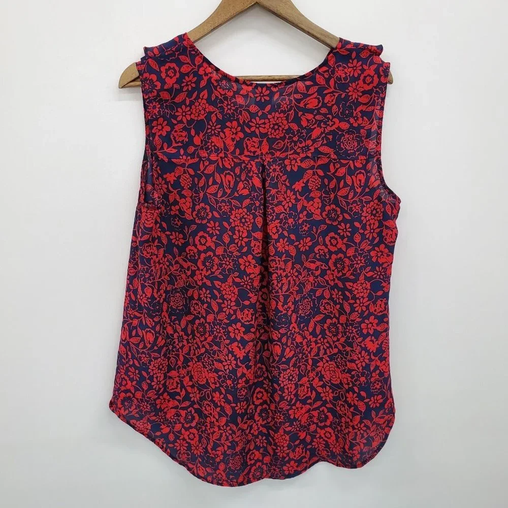 Terra & Sky Womens Sleeveless Floral High Low Blouse Top Size 0X Red Blue Ruffle